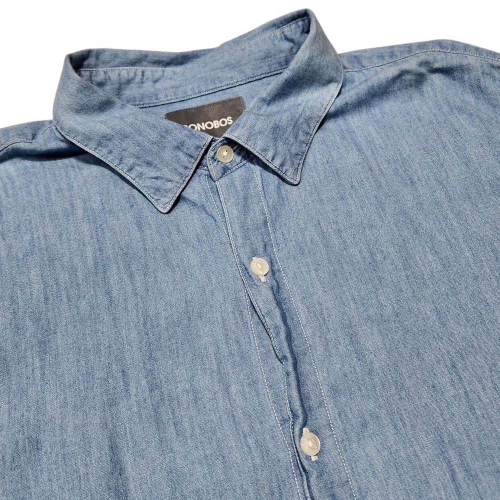 Bonobos Button Down Shirt Mens XL Long Blue Chambray Short Sleeve Standard Fit
